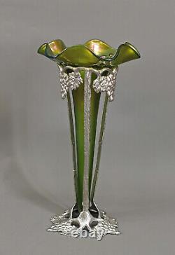 9135003 Art Nouveau Vase Silvertone Metal Fittings Kralik Um 1900 Height 31,5cm