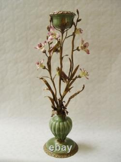9934442-ds Bronze Porcelain Candlestick Flower Art Nouveau Green Pageantry H64cm