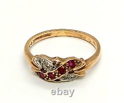 9CT YELLOW GOLD DIAMOND & RUBY Ring JEWELLERY Medium Hallmarked ART NOUVEAU