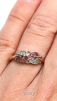 9CT YELLOW GOLD DIAMOND & RUBY Ring JEWELLERY Medium Hallmarked ART NOUVEAU