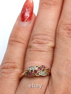 9CT YELLOW GOLD DIAMOND & RUBY Ring JEWELLERY Medium Hallmarked ART NOUVEAU