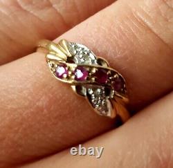 9CT YELLOW GOLD DIAMOND & RUBY Ring JEWELLERY Medium Hallmarked ART NOUVEAU