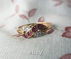 9CT YELLOW GOLD DIAMOND & RUBY Ring JEWELLERY Medium Hallmarked ART NOUVEAU