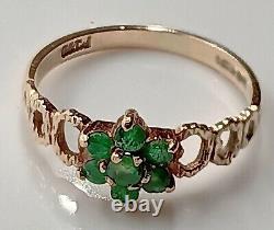 9CT YELLOW GOLD Emerald Cluster Ring Gemstone Floral Hallmarked ART NOUVEAU
