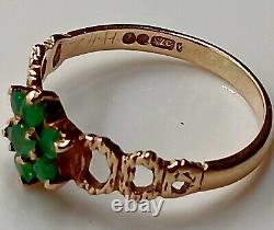 9CT YELLOW GOLD Emerald Cluster Ring Gemstone Floral Hallmarked ART NOUVEAU