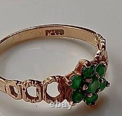9CT YELLOW GOLD Emerald Cluster Ring Gemstone Floral Hallmarked ART NOUVEAU