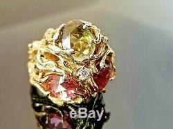 9.07TCW Art Nouveau Biomorphic VS Diamond Multi Tourmaline 14k heavy ring