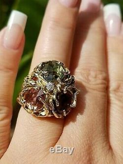 9.07TCW Art Nouveau Biomorphic VS Diamond Multi Tourmaline 14k heavy ring