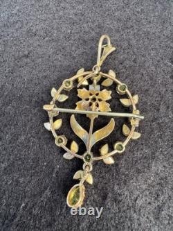 9ct Gold Edwardian Pendant/ Brooch with Peridot and Seed pearls Art Nouveau