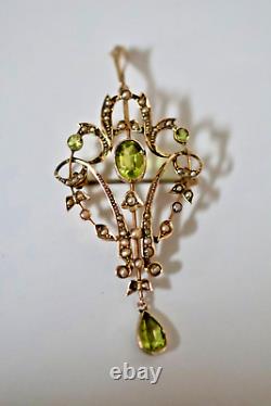 9ct Gold Peridot & Seed Pearl Art Nouveau Lavaliere Pendant/ Brooch. Gift Boxed