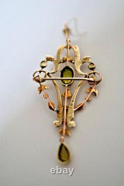 9ct Gold Peridot & Seed Pearl Art Nouveau Lavaliere Pendant/ Brooch. Gift Boxed