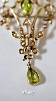 9ct Gold Peridot & Seed Pearl Art Nouveau Lavaliere Pendant/ Brooch. Gift Boxed