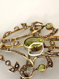 9ct Gold Peridot & Seed Pearl Art Nouveau Lavaliere Pendant/ Brooch. Gift Boxed