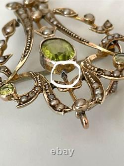 9ct Gold Peridot & Seed Pearl Art Nouveau Lavaliere Pendant/ Brooch. Gift Boxed