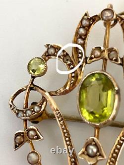 9ct Gold Peridot & Seed Pearl Art Nouveau Lavaliere Pendant/ Brooch. Gift Boxed