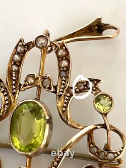 9ct Gold Peridot & Seed Pearl Art Nouveau Lavaliere Pendant/ Brooch. Gift Boxed