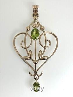 9ct Rose Gold Green Peridot Large Pendant Art Nouveau Style 74.4mm 11.7g 2010