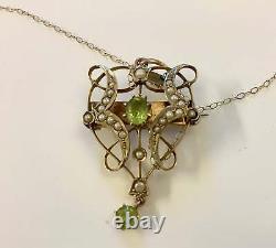 9ct Yellow gold Art Nouveau brooch/pendant with seed Pearl & Peridot Gemstone