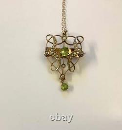 9ct Yellow gold Art Nouveau brooch/pendant with seed Pearl & Peridot Gemstone