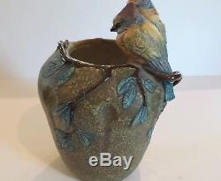 AMPHORA Czechoslovakia Art Nouveau Pottery 10.75 Bird Vase