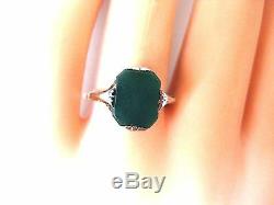 ANTIQUE 14K YELLOW GOLD FILIGREE SIGNET-RING withNATURAL GREEN AGATE, ART NOUVEAU
