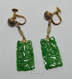ANTIQUE 14k Gold Art Deco Carved Filigree Green Jade Jadeite Floating Earrings