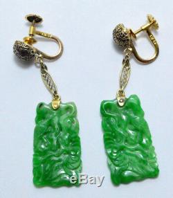 ANTIQUE 14k Gold Art Deco Carved Filigree Green Jade Jadeite Floating Earrings