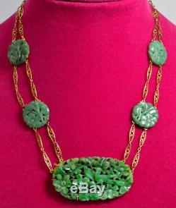 ANTIQUE 14k Gold Art Deco Carved Filigree Green Jade Jadeite Necklace 16