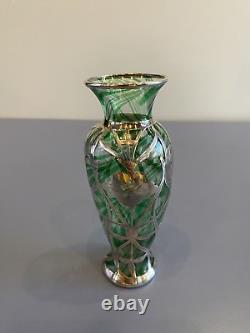 ANTIQUE ART NOUVEAU Green Swirled Art Glass Vase WithSterling Silver Overlay 6H