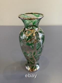 ANTIQUE ART NOUVEAU Green Swirled Art Glass Vase WithSterling Silver Overlay 6H