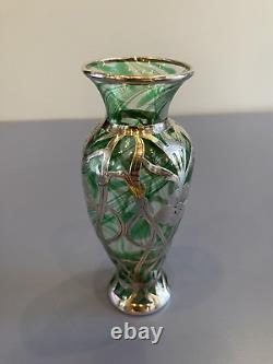 ANTIQUE ART NOUVEAU Green Swirled Art Glass Vase WithSterling Silver Overlay 6H