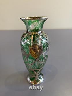 ANTIQUE ART NOUVEAU Green Swirled Art Glass Vase WithSterling Silver Overlay 6H