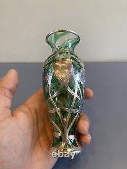 ANTIQUE ART NOUVEAU Green Swirled Art Glass Vase WithSterling Silver Overlay 6H