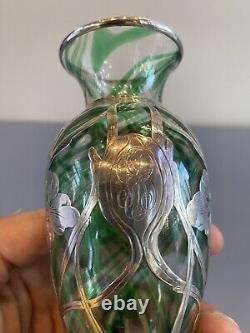 ANTIQUE ART NOUVEAU Green Swirled Art Glass Vase WithSterling Silver Overlay 6H