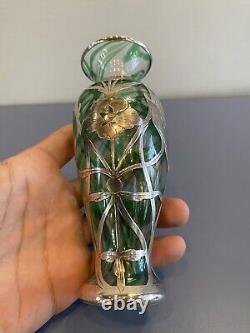ANTIQUE ART NOUVEAU Green Swirled Art Glass Vase WithSterling Silver Overlay 6H