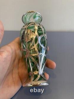 ANTIQUE ART NOUVEAU Green Swirled Art Glass Vase WithSterling Silver Overlay 6H