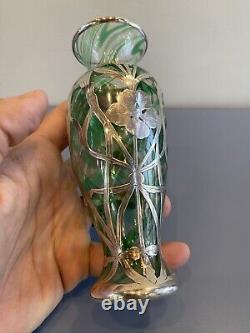 ANTIQUE ART NOUVEAU Green Swirled Art Glass Vase WithSterling Silver Overlay 6H