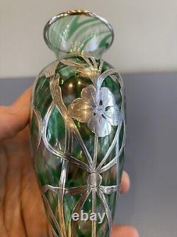 ANTIQUE ART NOUVEAU Green Swirled Art Glass Vase WithSterling Silver Overlay 6H