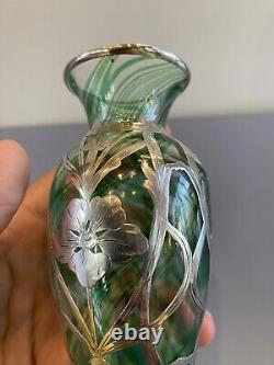 ANTIQUE ART NOUVEAU Green Swirled Art Glass Vase WithSterling Silver Overlay 6H