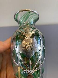ANTIQUE ART NOUVEAU Green Swirled Art Glass Vase WithSterling Silver Overlay 6H