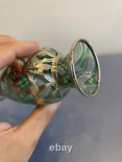 ANTIQUE ART NOUVEAU Green Swirled Art Glass Vase WithSterling Silver Overlay 6H