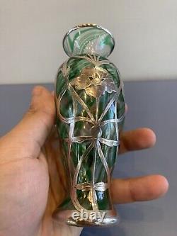 ANTIQUE ART NOUVEAU Green Swirled Art Glass Vase WithSterling Silver Overlay 6H