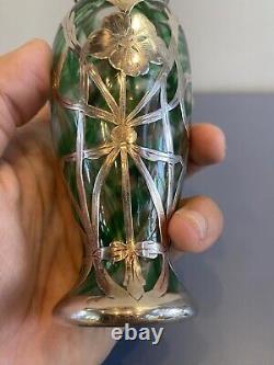 ANTIQUE ART NOUVEAU Green Swirled Art Glass Vase WithSterling Silver Overlay 6H