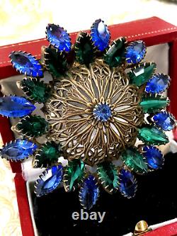 ANTIQUE ART NOUVEAU OLD 1920 BLUE GREEN MARQUISE STONES BRASS DOME BROOCH by CIS