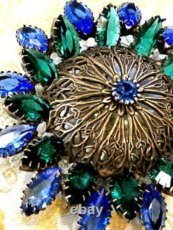 ANTIQUE ART NOUVEAU OLD 1920 BLUE GREEN MARQUISE STONES BRASS DOME BROOCH by CIS