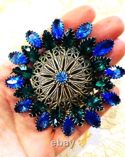 ANTIQUE ART NOUVEAU OLD 1920 BLUE GREEN MARQUISE STONES BRASS DOME BROOCH by CIS