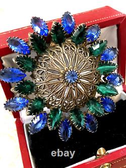 ANTIQUE ART NOUVEAU OLD 1920 BLUE GREEN MARQUISE STONES BRASS DOME BROOCH by CIS