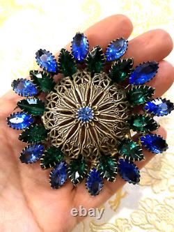 ANTIQUE ART NOUVEAU OLD 1920 BLUE GREEN MARQUISE STONES BRASS DOME BROOCH by CIS