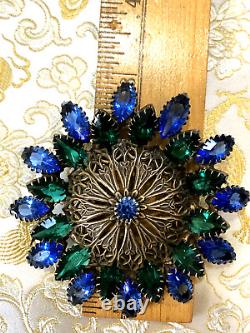 ANTIQUE ART NOUVEAU OLD 1920 BLUE GREEN MARQUISE STONES BRASS DOME BROOCH by CIS