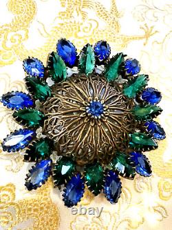 ANTIQUE ART NOUVEAU OLD 1920 BLUE GREEN MARQUISE STONES BRASS DOME BROOCH by CIS